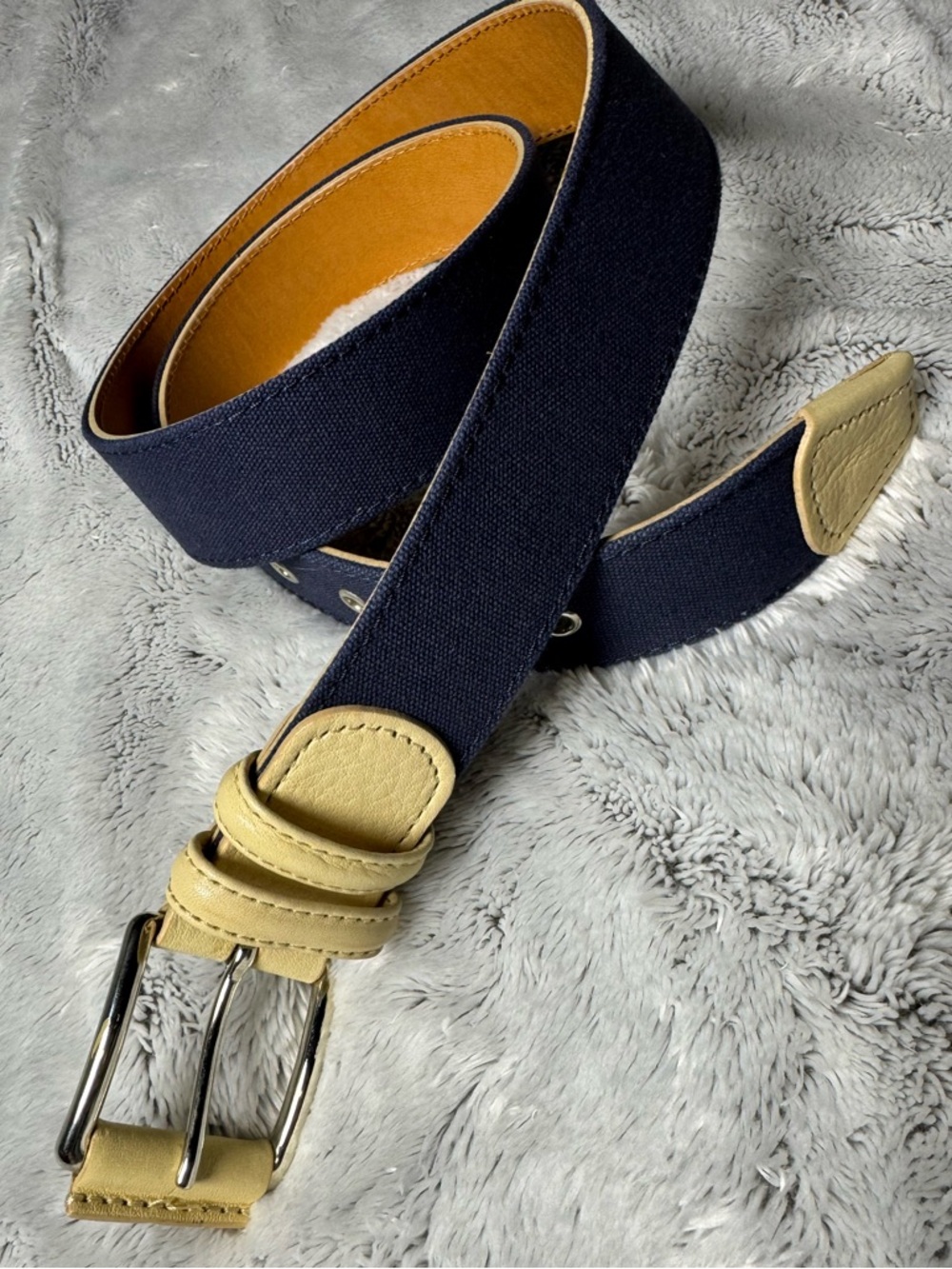 Faconnable Italian leather Navy Blue /Cream Men's belt 34-36” summer fashion